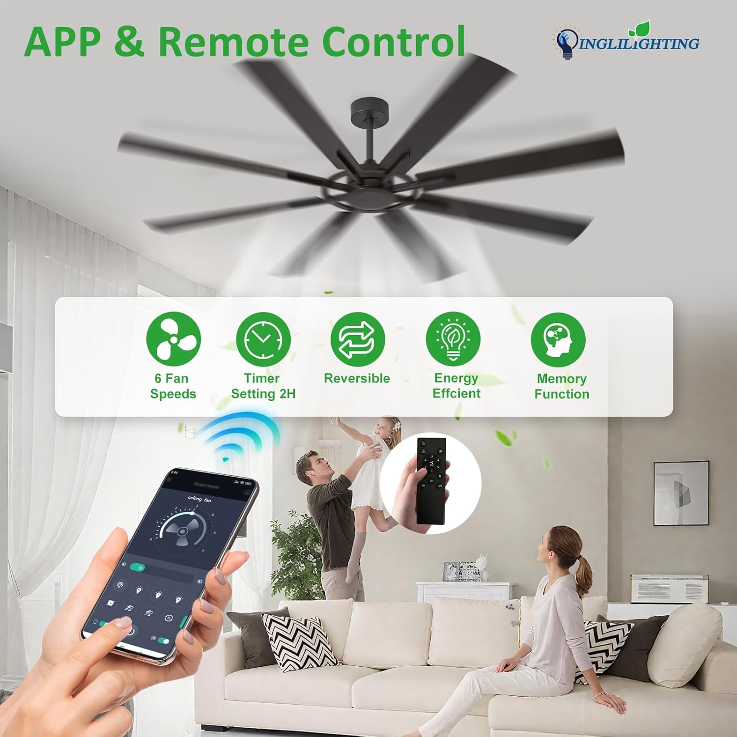 DLLT Ceiling Fan Without Light: 66 Inch Big Indoor Outdoor Fan with Remote APP Control - Large Modern Black Ceiling Fan no Light 8 Blade Reversible Quiet DC Motor Memory Function Timer