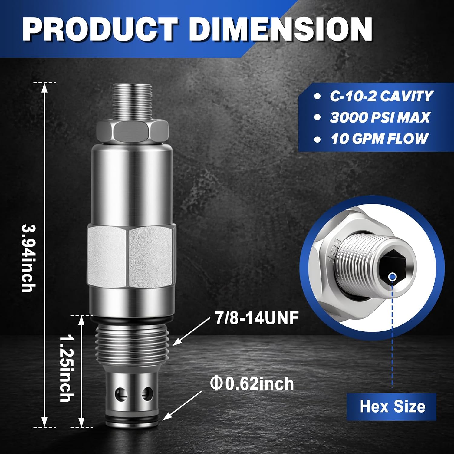 Pressure Control Valve Cartridge, Pressure Relief Valve, 3000 Psi Adjustable, VCR10 Series, C-10-2 Cavity for Construction/Industrial Equipment Tractor Loader Backhoe Excavator