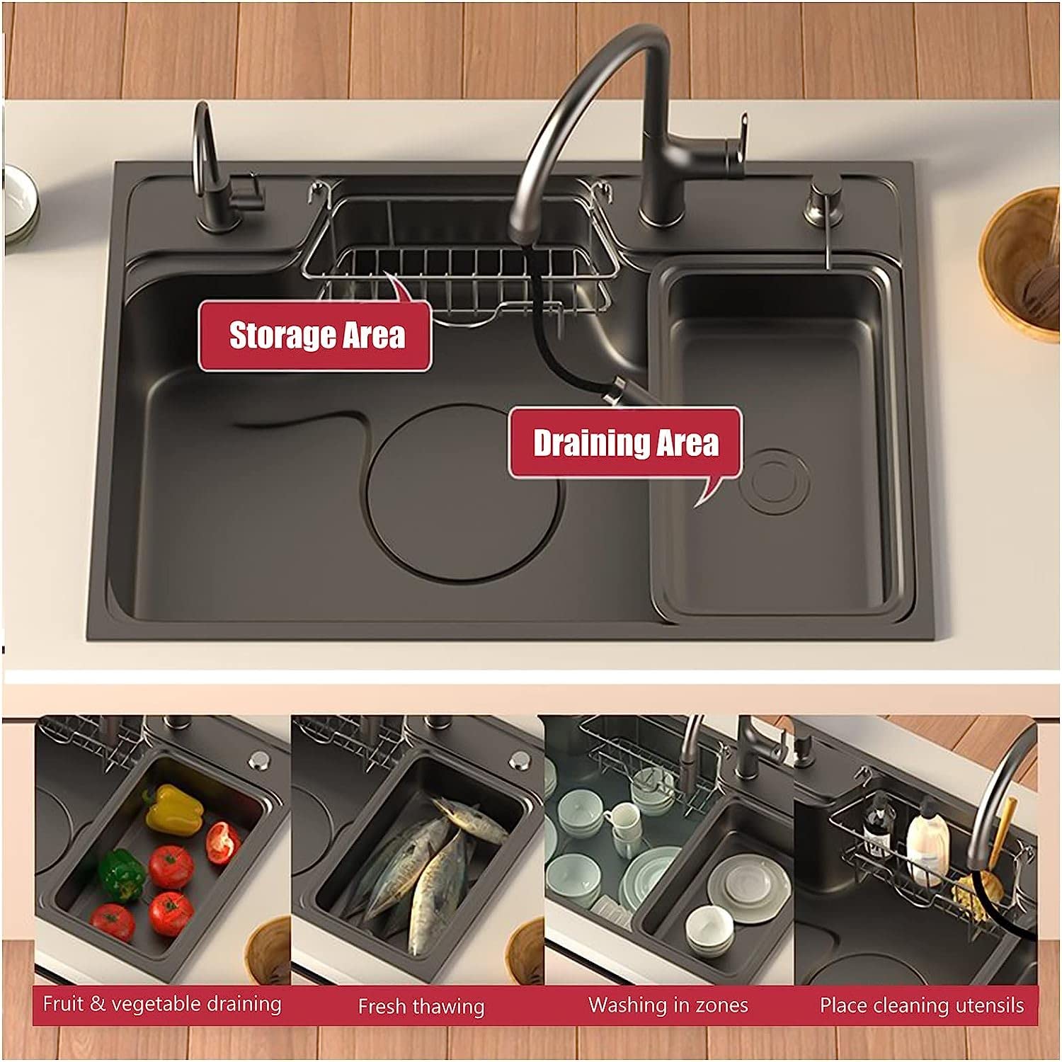 Fregadero de cocina de acero inoxidable con drenaje purificador y kit completo de instalación para espacios de utilidad y balcón