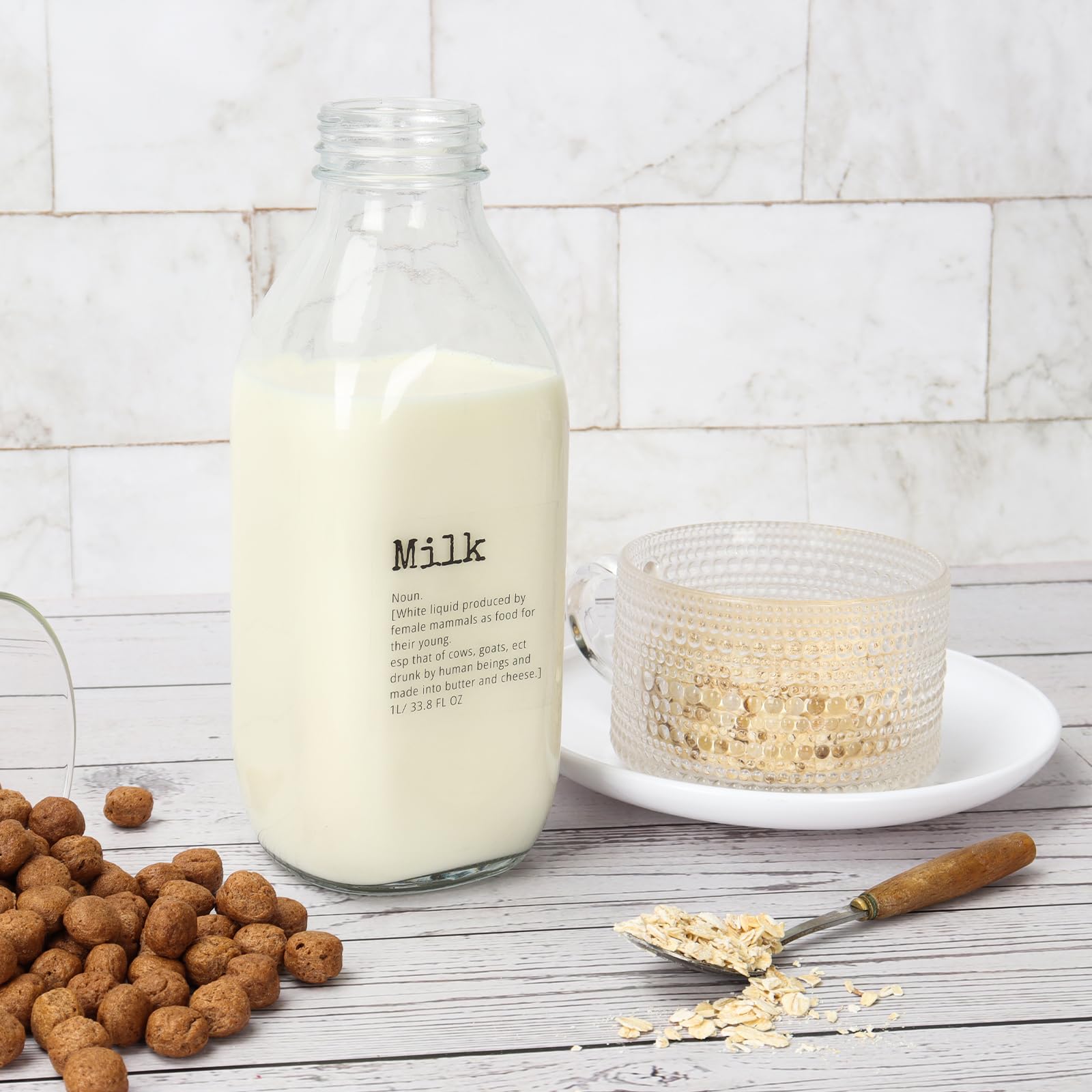 DHSBTLS 6 bottiglie per latte in vetro, Contenitore per Latte, 1 l, riutilizzabili, ermetico, resistente, trasparente, per succo, miele, sciroppo, 3 coperchi e adesivi