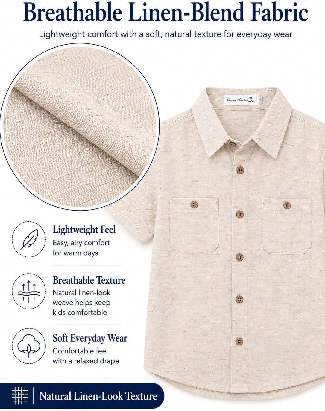 Alix & Belle Boys Linen Blend Button Down Shirt, Short Sleeve Collared Summer Shirt with Chest Pockets