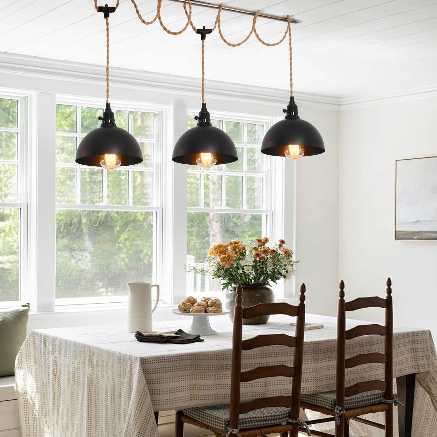 3 Light Hemp Rope Plug in Pendant Light Rattan Hanging Lights with Plug in Cord with Woven Lamp Shade, Hanging Lights with Plug in Cord Hemp Rope Hanging Lamp