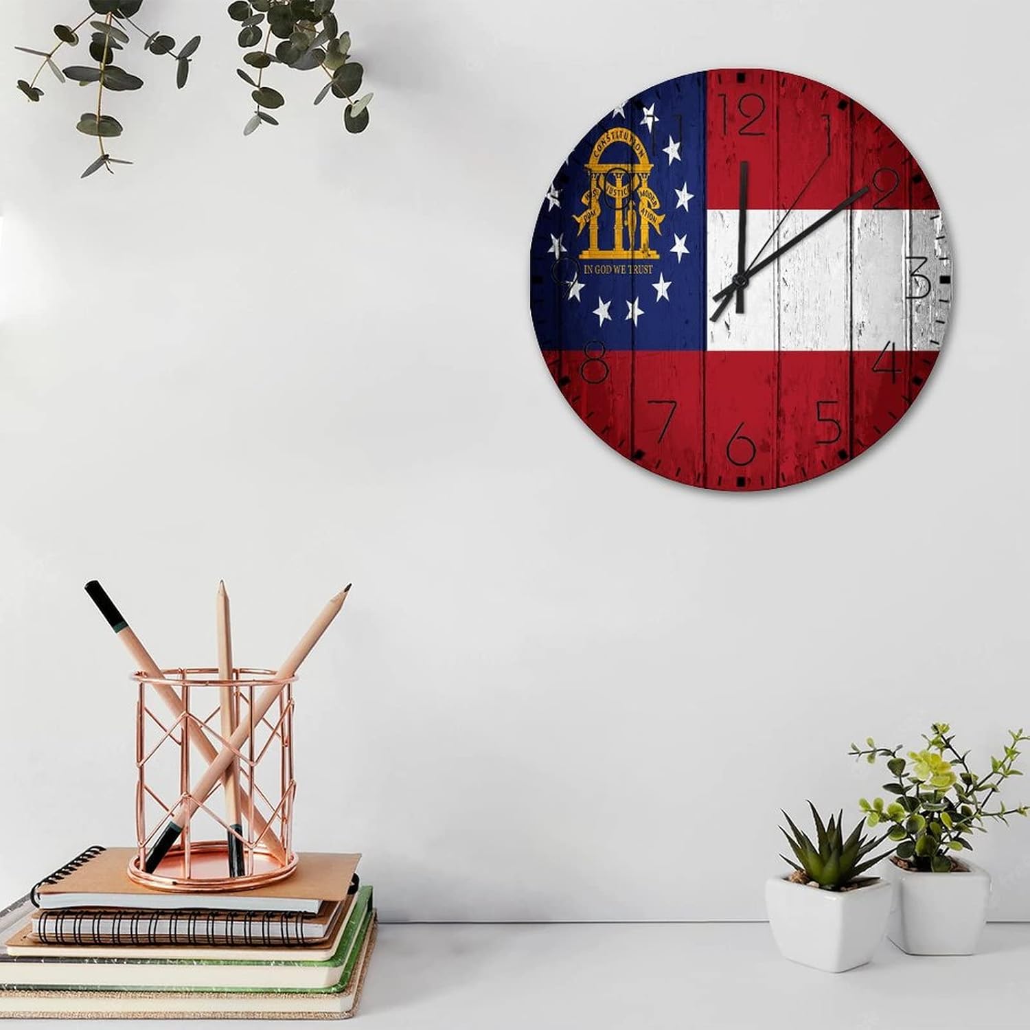 Minimalist Wood Clock Non-Ticking Sweep Movement Georgia Vintage Wall Clocks Memorial Flag American US Home Decoration for Nursery Patio Exercise Room 12 Inch