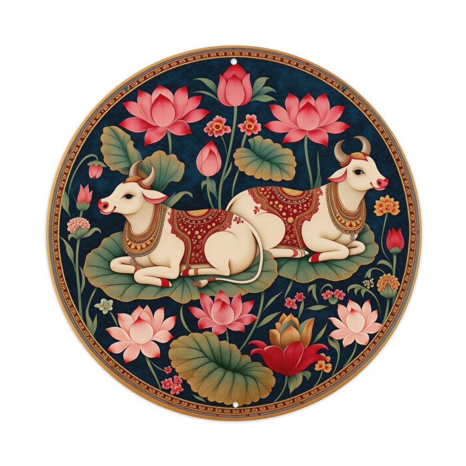 Floral Cow Lotus Pattern Art Round Tin Sign Retro Metal Sign for Cafe Bar Pub Home Game Room Gym Club Wall Decoration Vintage Metal Poster 8x8 Inch