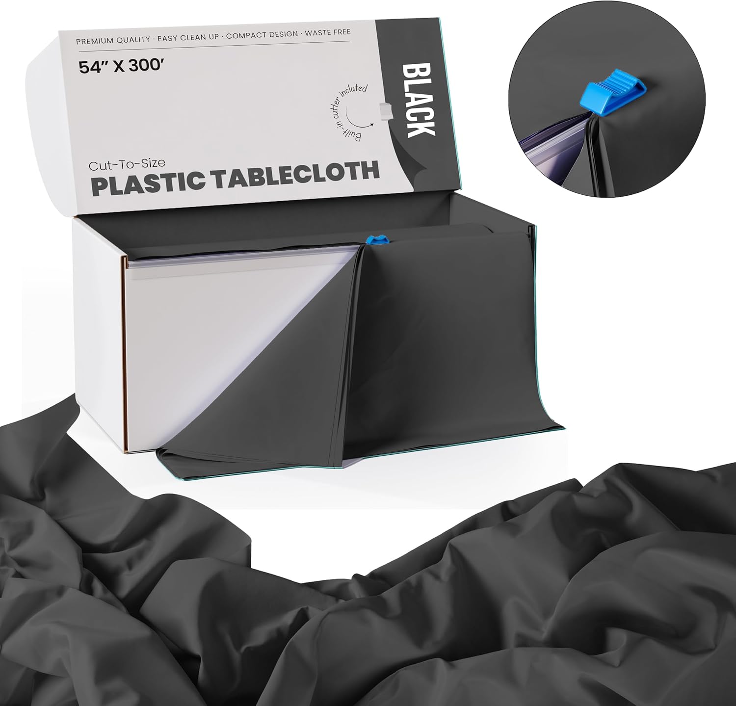 Party Solids 54 Inch X 300 Feet Black Plastic Table Cover Roll in A Cut - to - Size Box with Convenient Slide Cutter. Cuts Up to 36 Rectangle 8 Feet Plastic Disposable Tablecloths - Image 2
