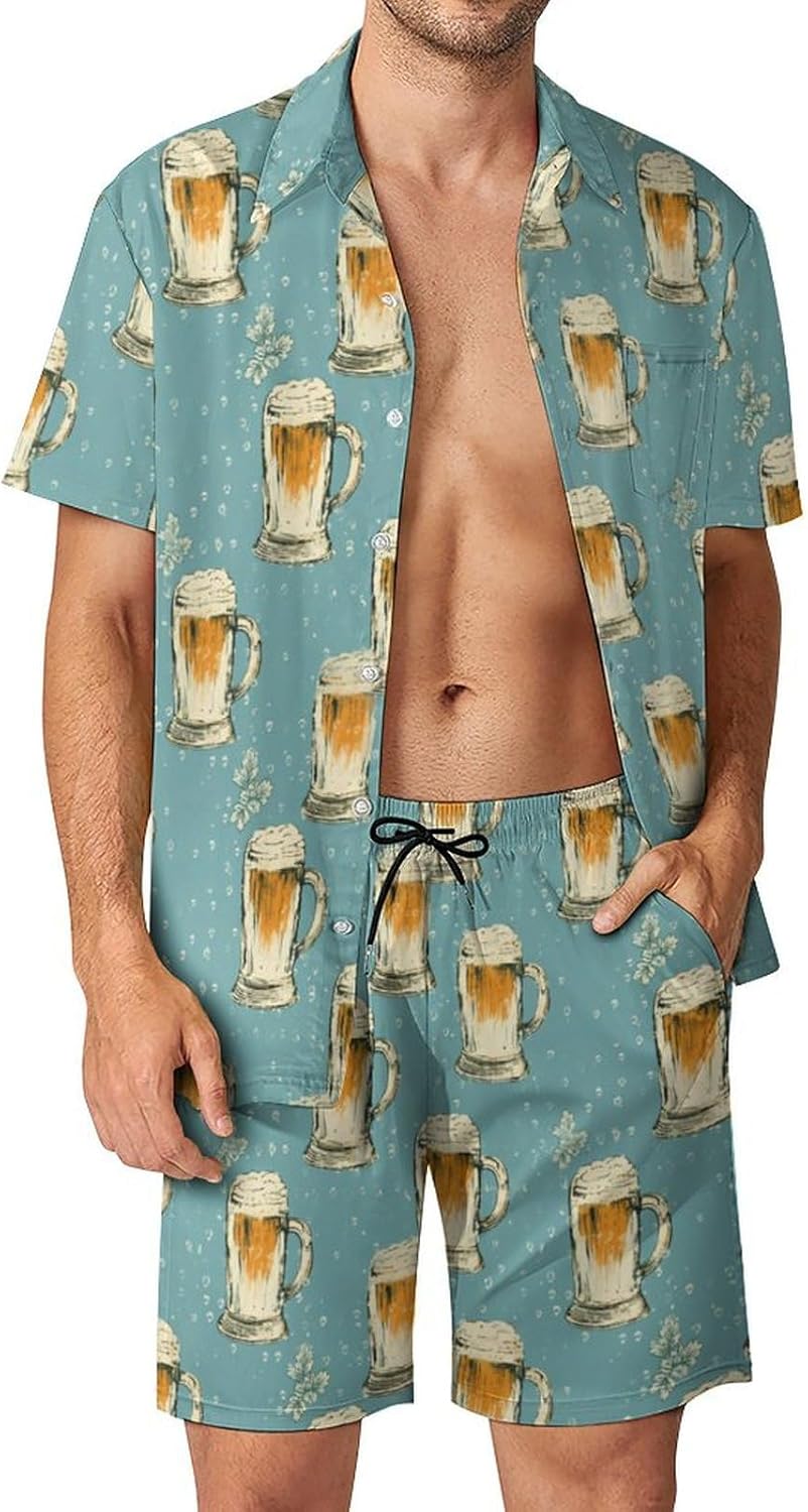 Men's Two Piece Matching Sets Trees Pattern Beach Suit Button-Up Shirt