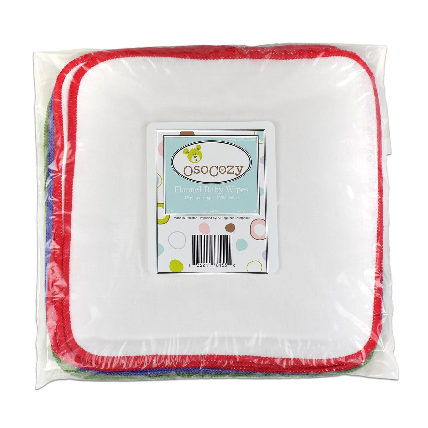 OsoCozy Bleached Flannel Cloth Baby Wipes - Reusable & Washable Saves Money - 100% Cotton - Soft and Durable - Colorful Stitching - 8 x 8 inches - Three 15 Packs
