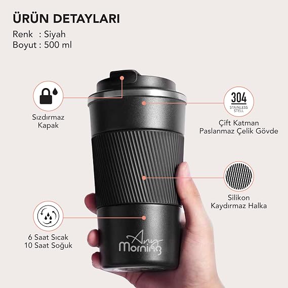 Any Morning 500 ml Paslanmaz Çelik Termos Mug, Kaymaz Silikon Halkalı, Sızdırmaz, Siyah BA21549