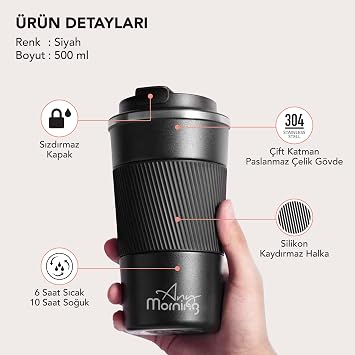 Any Morning 500 ml Paslanmaz Çelik Termos Mug, Kaymaz Silikon Halkalı, Sızdırmaz, Siyah BA21549