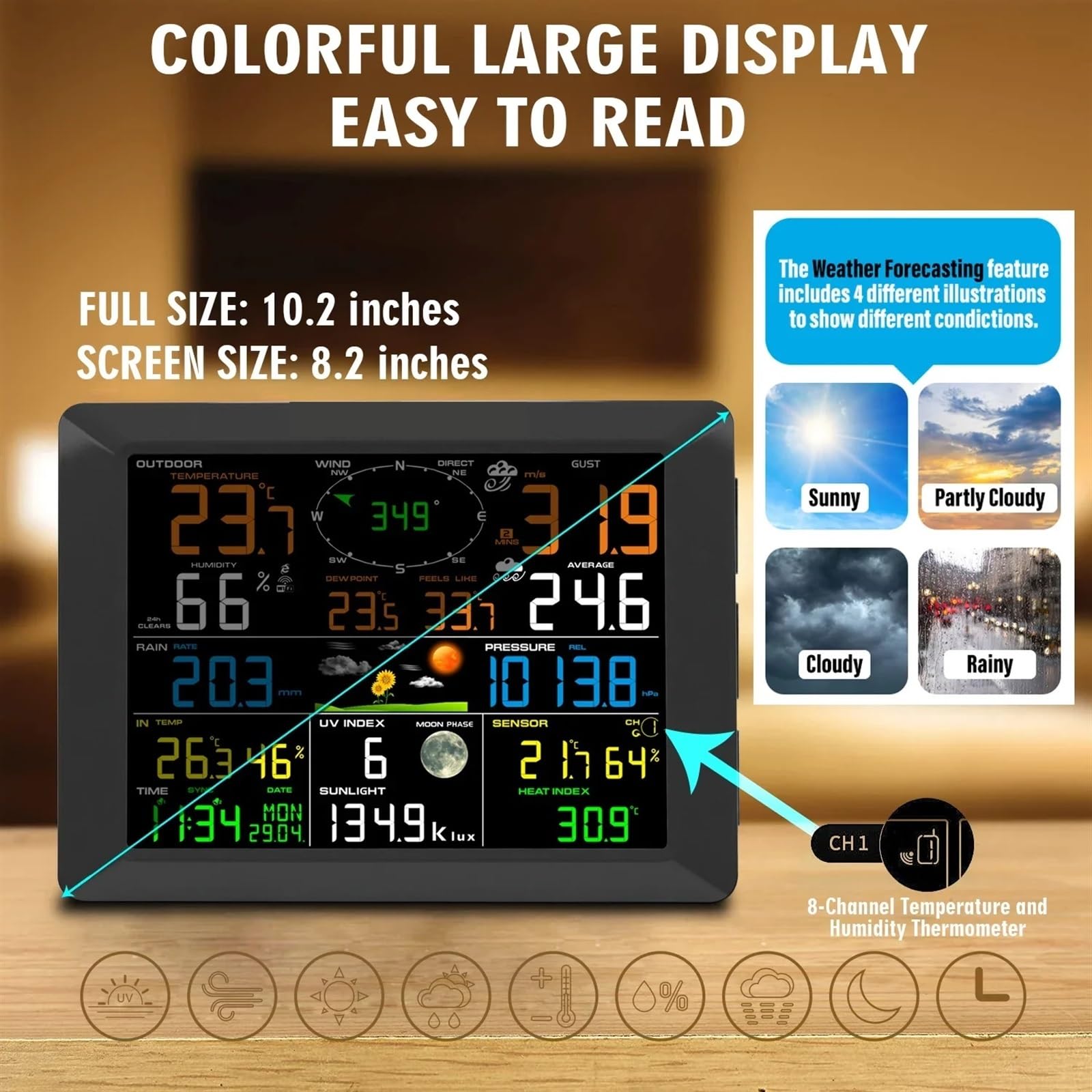 0320 Stazioni meteorologiche wireless Ampio display da 10 pollici Termoigrometro for interni ed esterni Pluviometro Velocità del vento Supporti a 8 canali