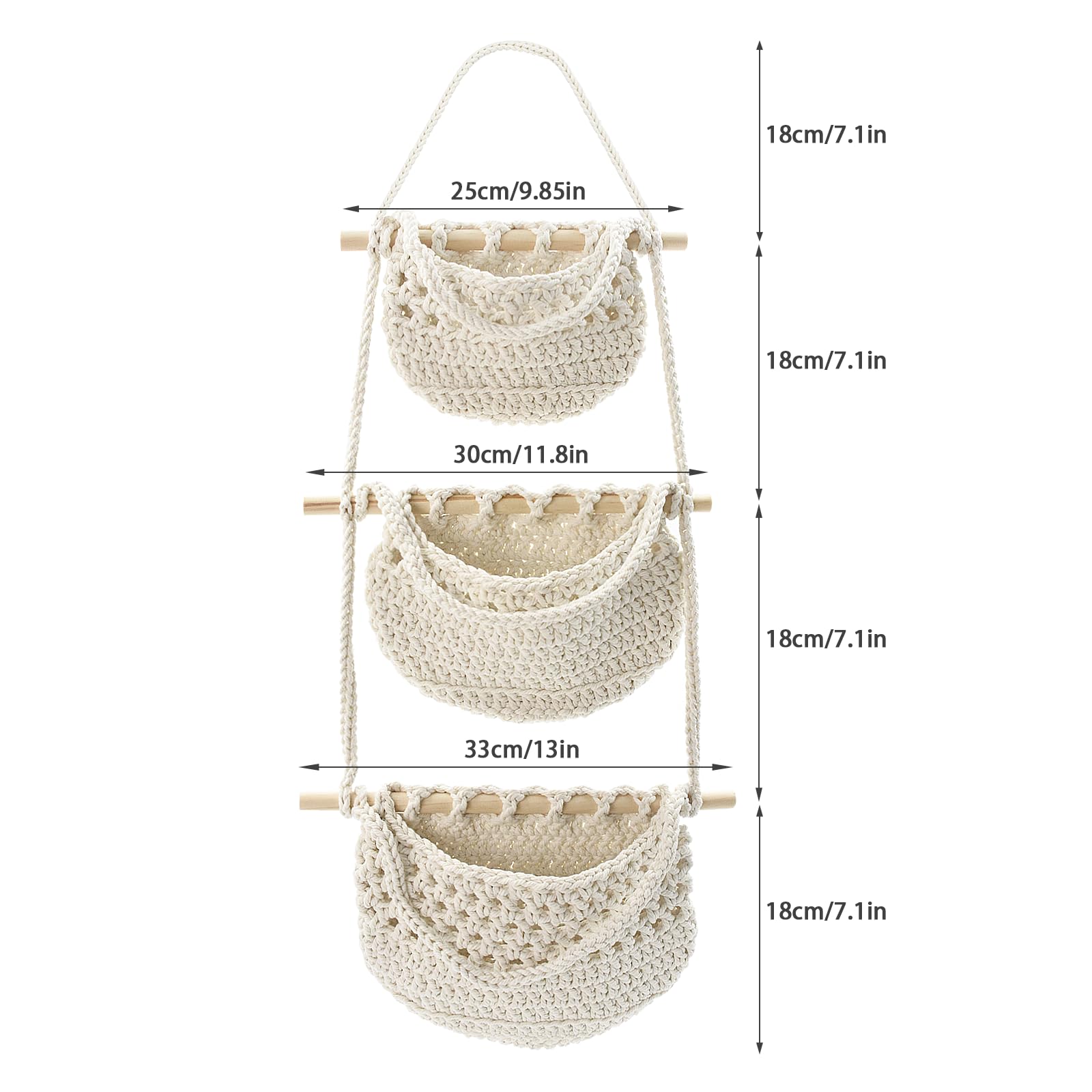 AolKee 3 Tier Hanging Organiser Wall Hanging Bag, Rope Woven Wall Hanging Storage Basket, Hanging Fruit Basket - Image 3