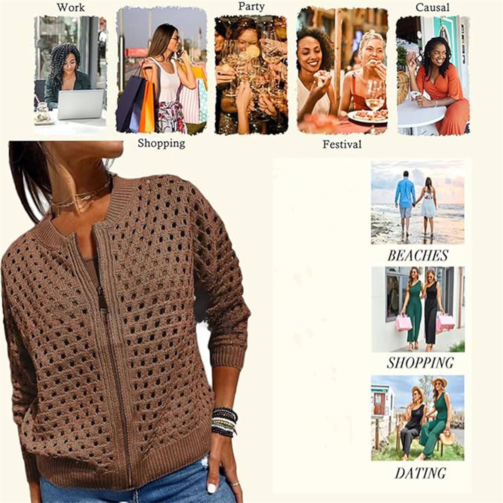 Giacca casual da donna con cerniera, maglia a rete all'uncinetto, scialle lavorato a maglia, cardigan leggero lavorato a maglia.