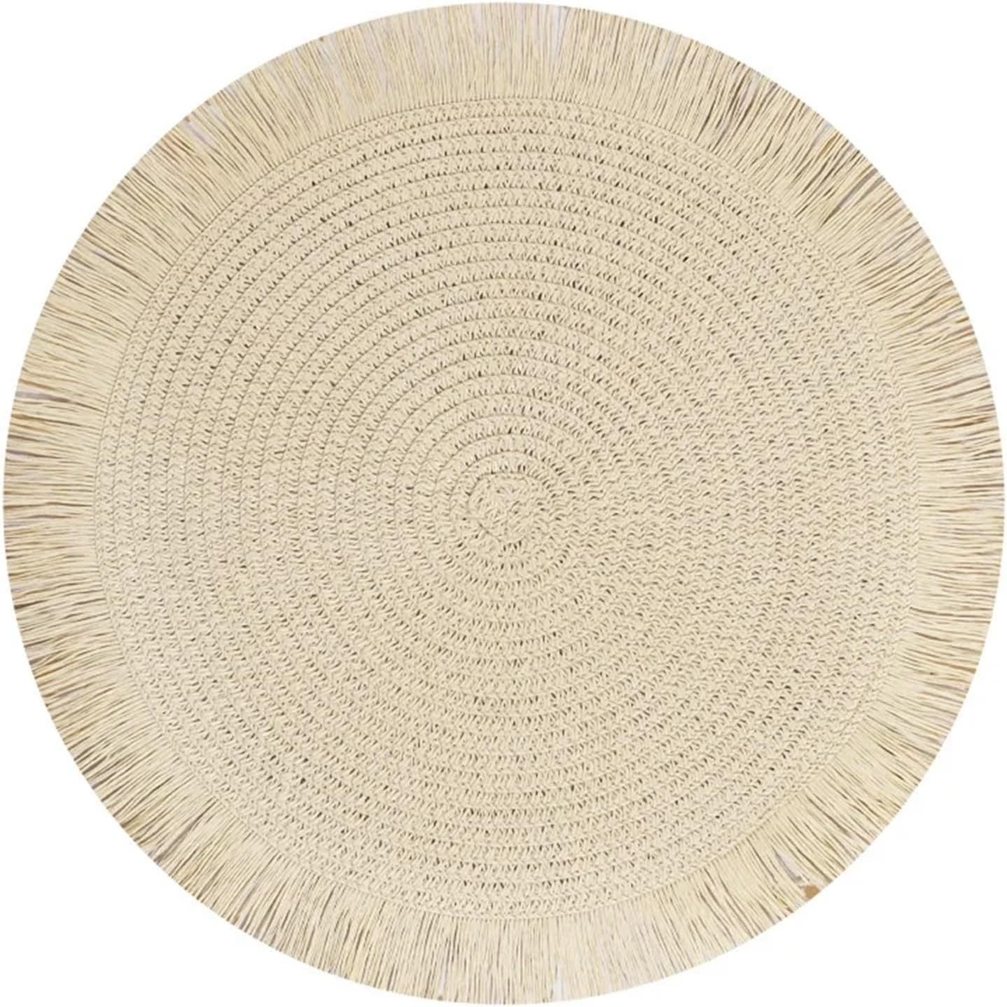 8pcs Paper Round Braided Placemats with Tassel,15 Inch Heat Table Mats Farmhouse Woven Fabric Natural Place Mats for Home(Beige)