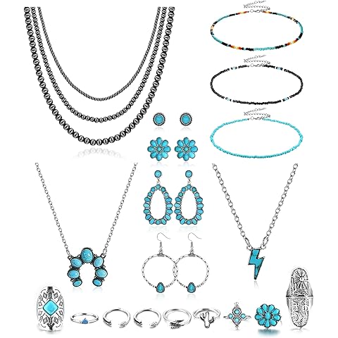 Fansilver Turquoise Jewelry for Women Bohemian Western Jewelry Set Navajo Pearl Necklace Beaded Choker Necklace Turquoise Earrings Bracelet Vintage Knuckle Rings Boho Western Jewelry for Women