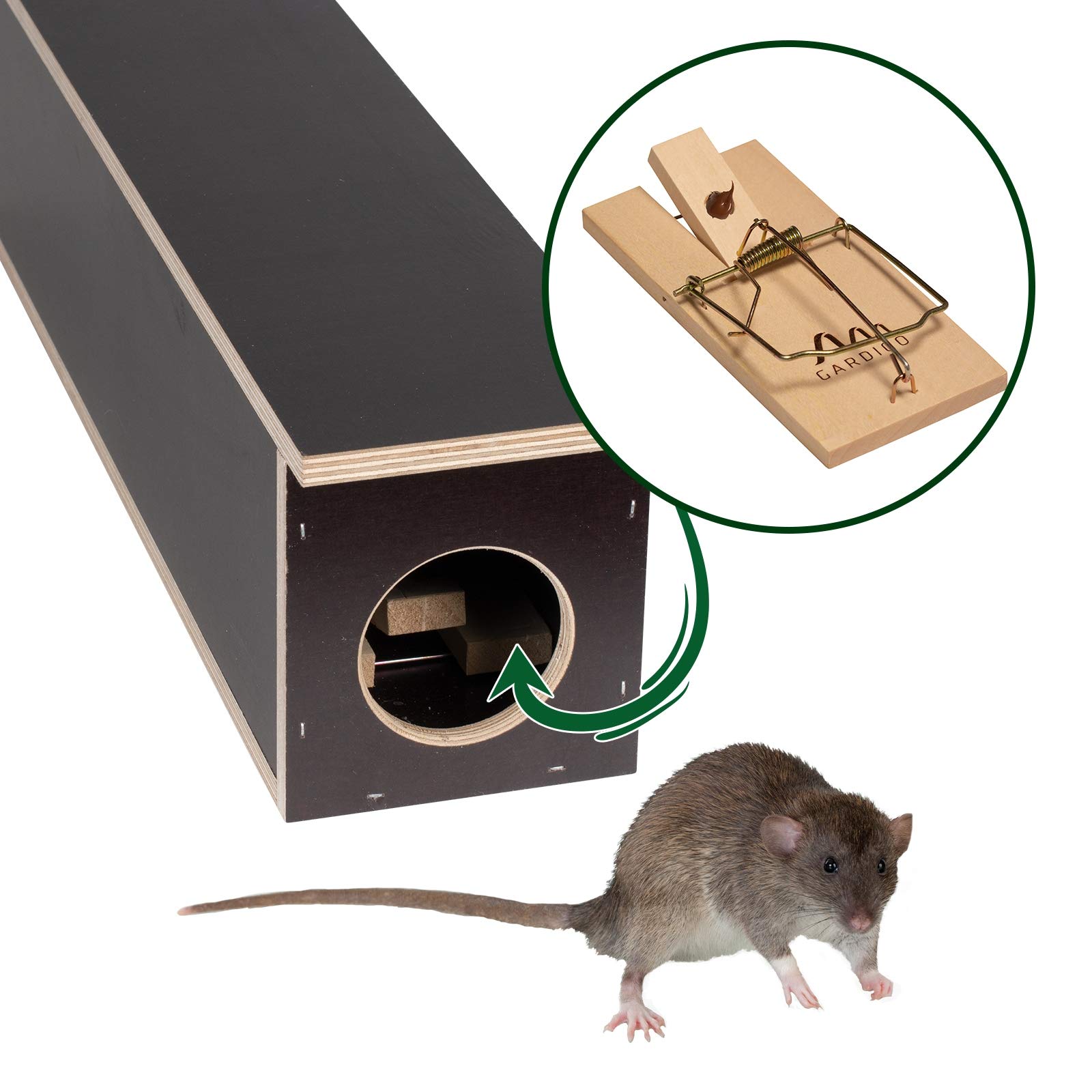Gardigo Estación de Cebo de Madera, Carnada para Ratas Roedores, Caja Cebadera con 2 Trampas para Ratas, 50 x 10,5 x 14,5 cm, Made in Germany | Seguro para mascotas, longitud 50 cm, placa multiplex