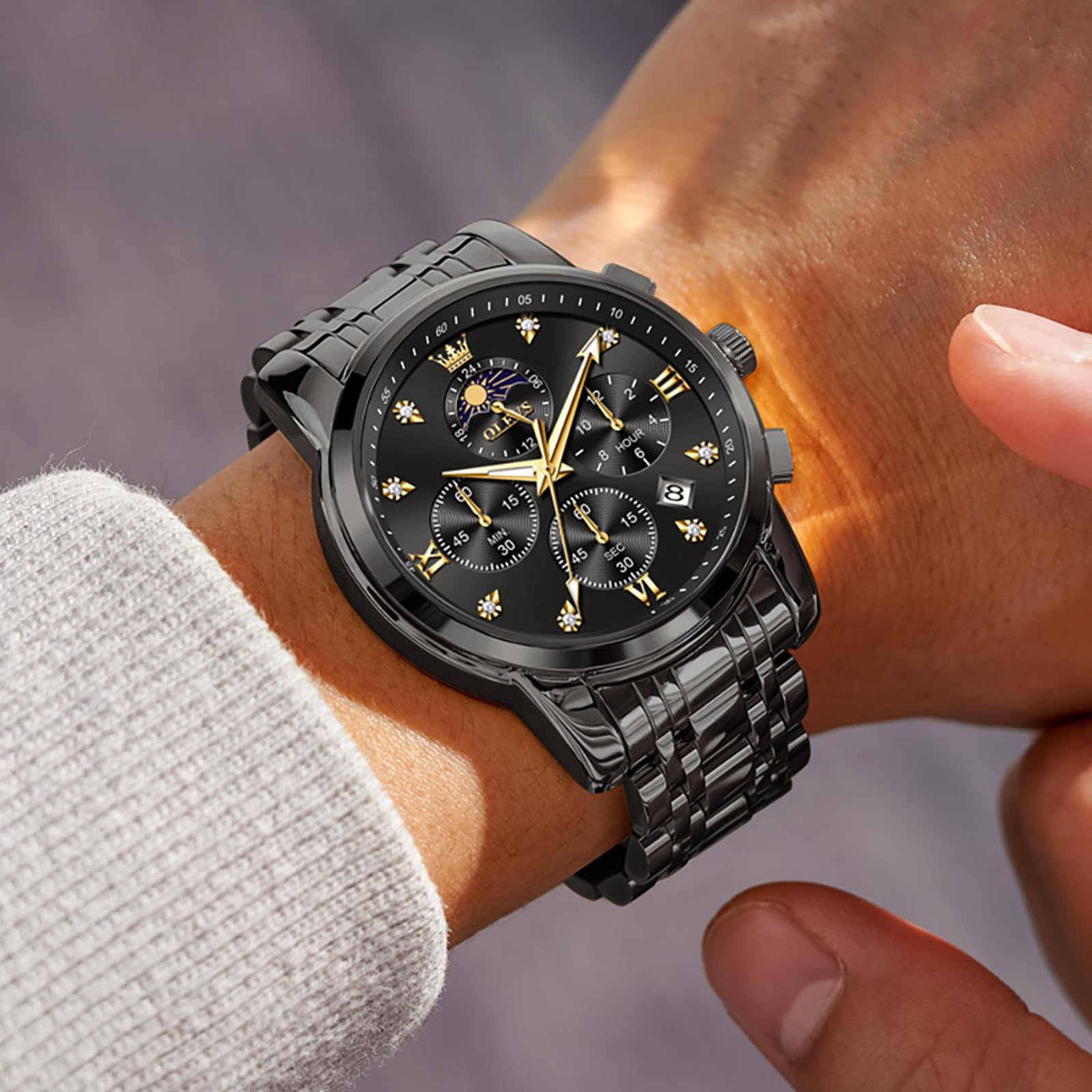 OLEVS Herren Chronograph Armbanduhr Quarz Edelstahl Analog Dual Time | Doppelte Zeitzone Uhren Herren, Leuchtzeigern, Mineralglas, Edelstahlarmband und 3ATM Wasserschutz für Reisen und Business