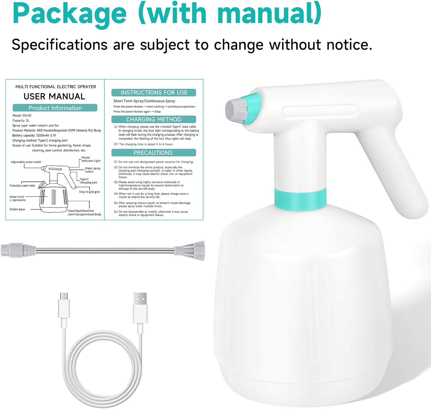 SANLIKE Electric Spray Bottle 2L Pump Sprayer Plant Mister, Automatic Watering Can Rechargeable Battery Powered Pressure Bottle with Adjustable Spout 2 Spray Types for Garden, Fertilizing, Cleaning