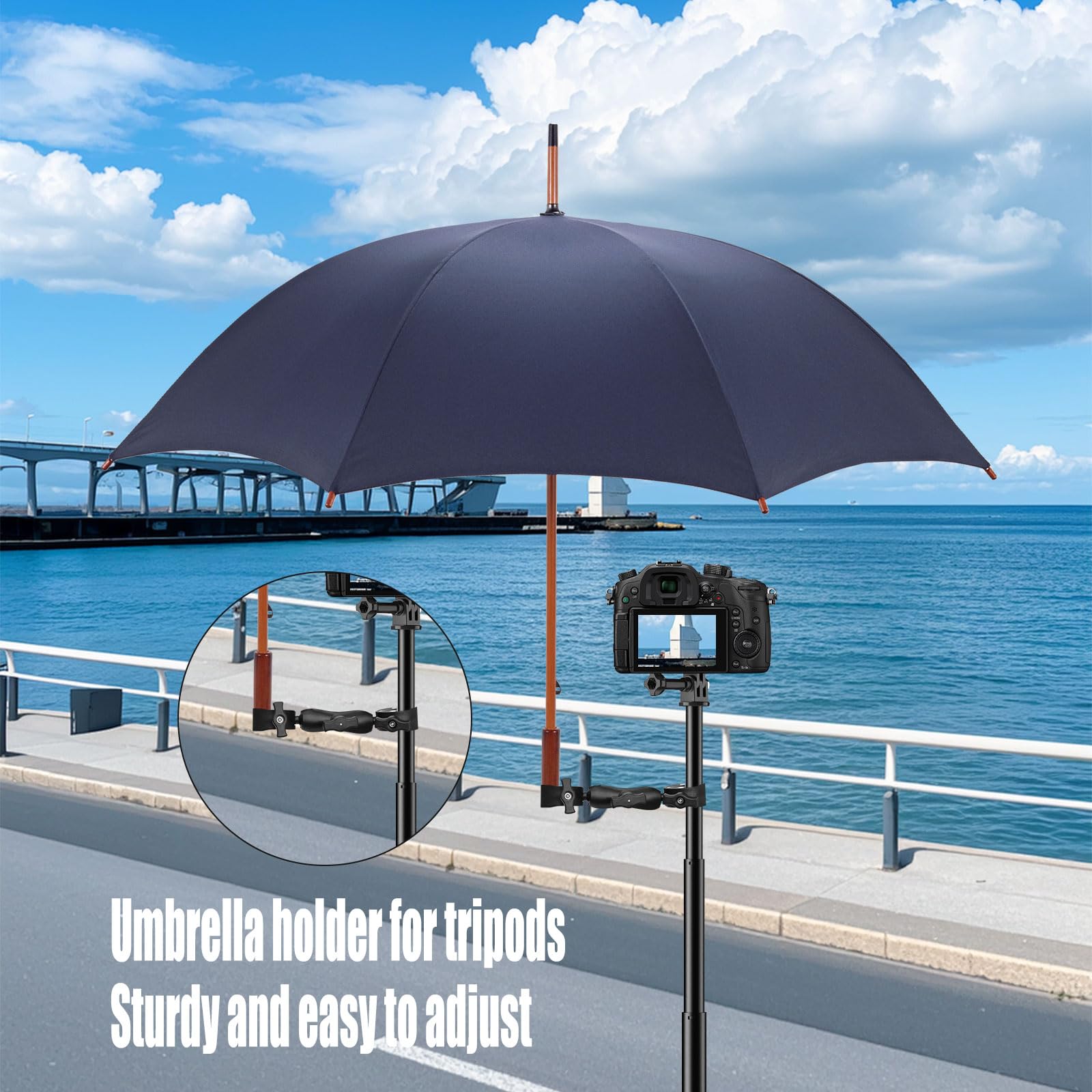 Supporto a doppio morsetto per ombrello e asta della fotocamera, universale, per sedia a rotelle, deambulatore, passeggino, scrivania e accessori fotografici, girevole a 360°, con braccio Magic Socket
