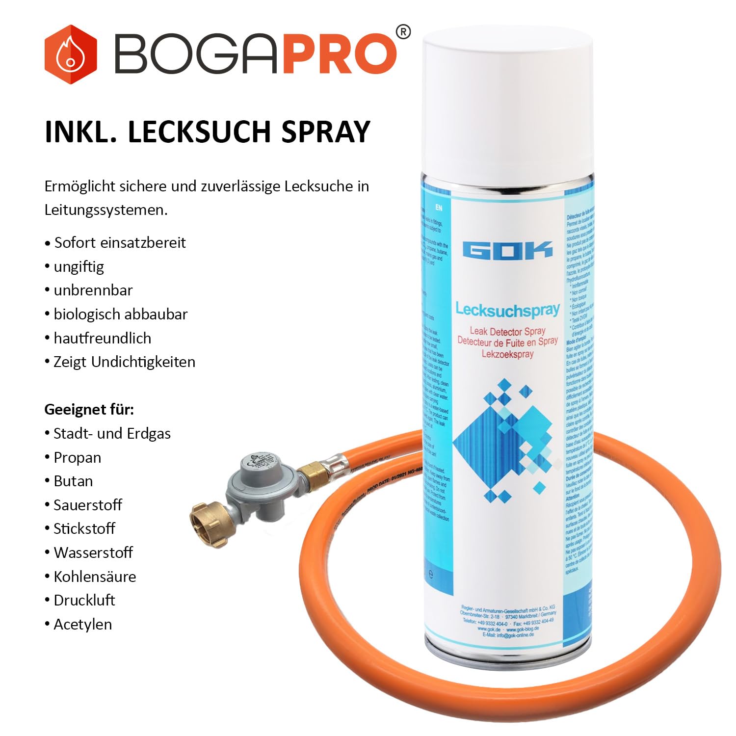 Adapter-Schlauch mit Gasregler, zum Anschließen von Propan Gasflaschen, 3/8'' Links Überwurfmutter x Aussengewinde 7/16'' x 28 UNEF, mit Lecksuchspray und Polybeutel