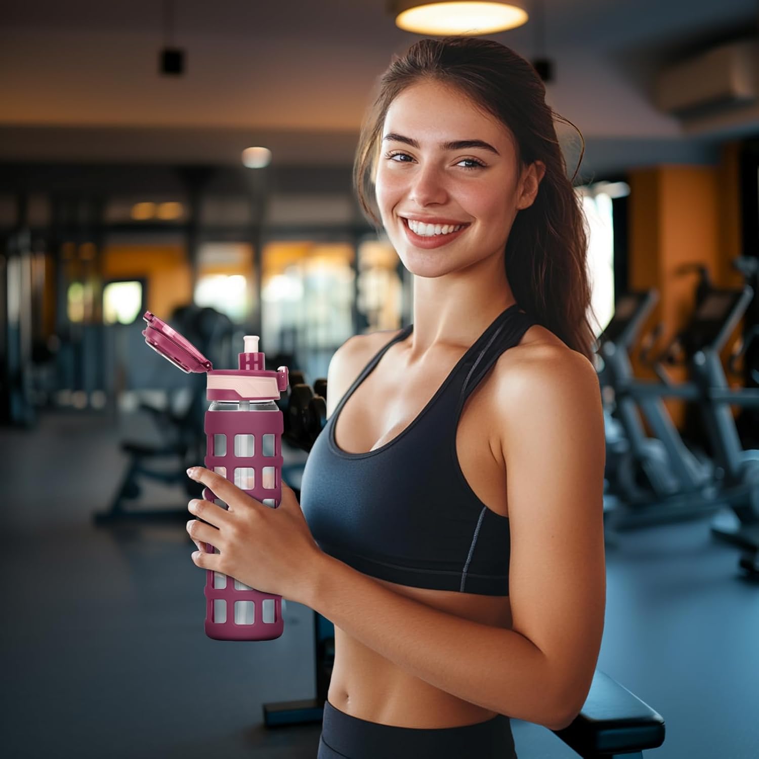 32oz/22oz Glass Water Bottle with Straw Handle Flip lids, leakproof, BPA free, Borosilicate Glass Bottles, with Protective Non-Slip Silicone Sleeve Sports Glass Drinking Bottles Red - Image 6