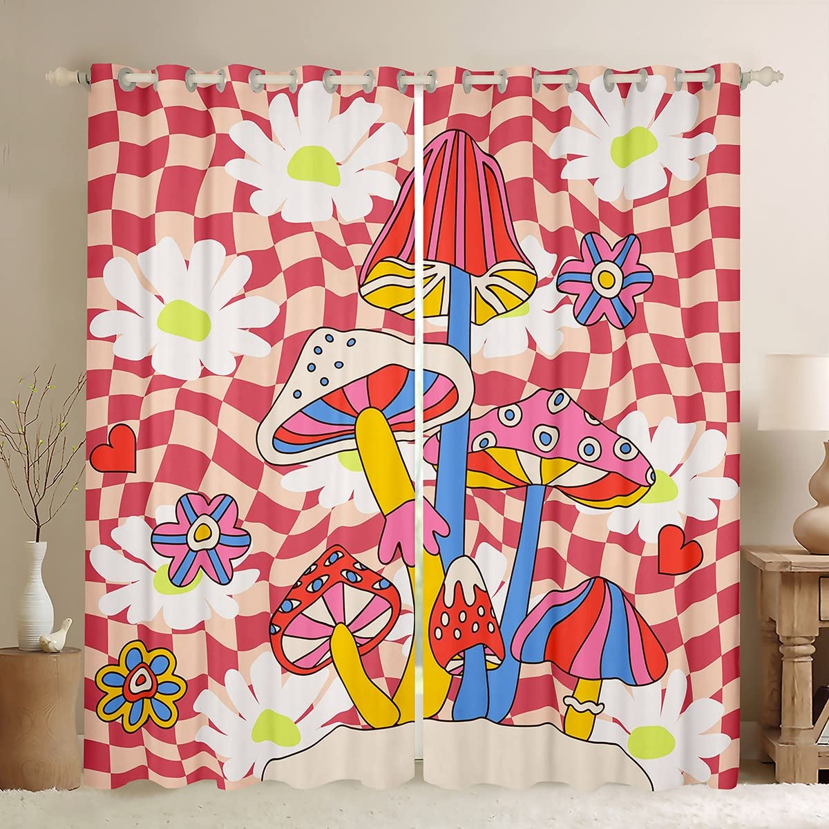 Loussiesd Retro Hippie Flower Blackout Curtains(30%-50%) 60S 70S Groovy Mushroom Curtains for Bedroom Living Room Children Pink Twisty Plaid Window Dreapes W66*L72