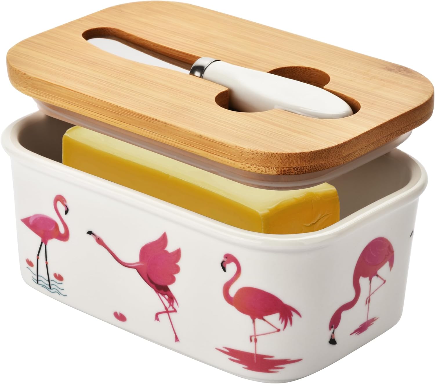 Cute Flamingos Large Butter Dish with Lid for Countertop,Ceramic Covered Butter Holder with Knife for Fridge, Airtight Butter Keeper Container Storage for East West Coast Butter,White