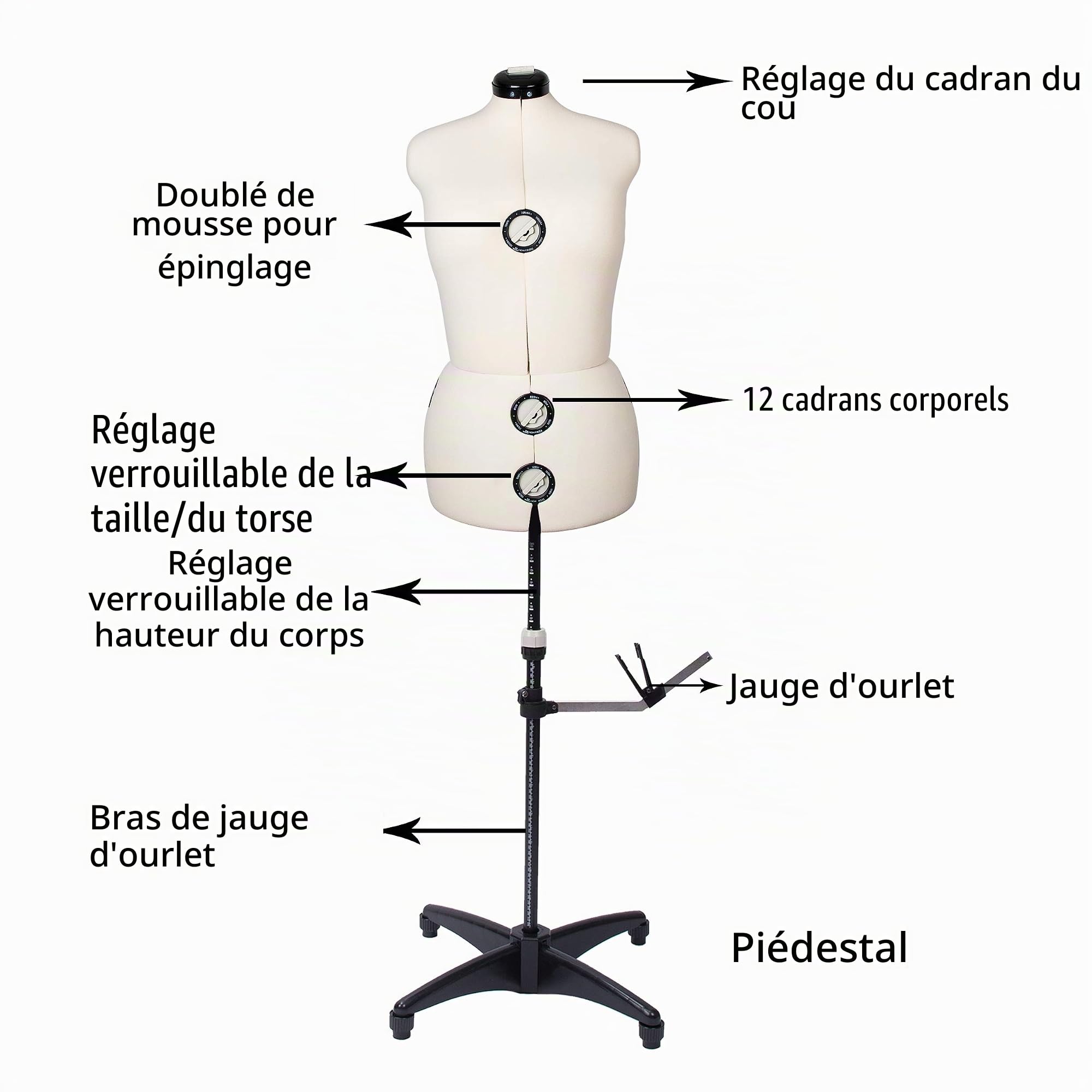 Mannequin de Couture Réglable Femme avec 13 Molettes de Précision Taille 42 à 46 Taille Ajustable pour Poitrine Taille Hanche Cou Idéal pour Projet de Couture et Exposition, Beige