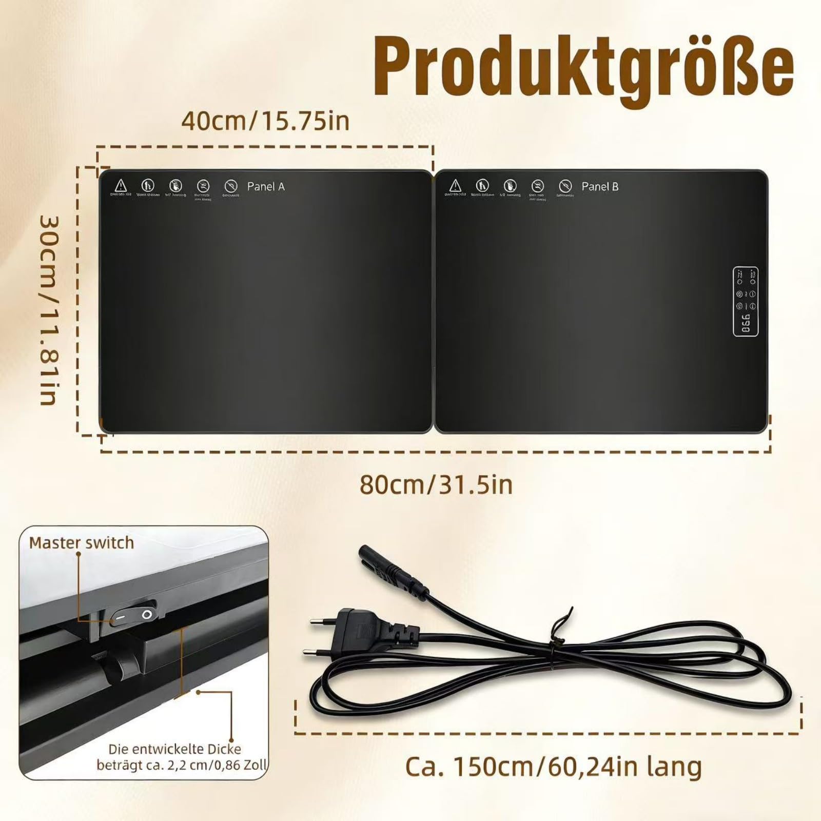 Elektrische Warmhalteplatte 80×30 cm, Speisenwärmer Elektrisch für Speisen mit Temperaturregler und Timer, Doppelzonen-Heizung, Faltbar zum Warmhalten und Auftauen