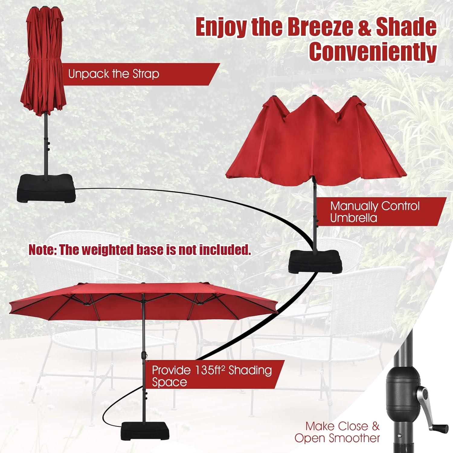 Tangkula 15Ft Double-Sided Patio Umbrella, Outdoor Extra Large Umbrella W/Hand-Crank System & Air Vents, Market Twin Umbrella W/ 12-Rib Sturdy Metal Frame for Poolside, Garden Backyard (Burgundy)