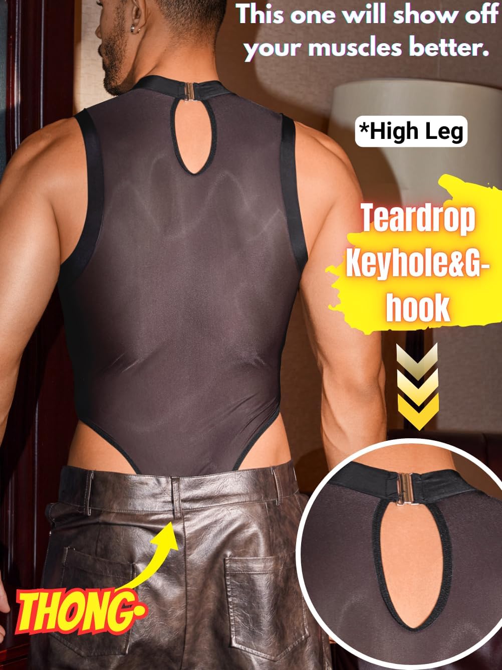 Sexy Glossy Mens Lingerie Sheer, Snap Crotch Thong Leotard High Cut Muscle Suit, Mesh Rave Bodysuit Top Club Outfits - Image 3