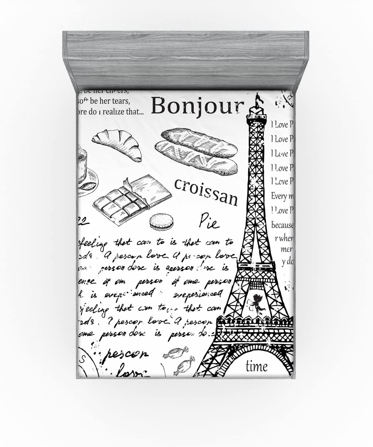Ambesonne Paris Fitted Sheet, Traditional Famous Parisian Elements Bonjour Croissan Coffee Eiffel Tower Print, Soft Decorative Fabric Bedding All-Round Elastic Pocket, Queen Size, Charcoal White