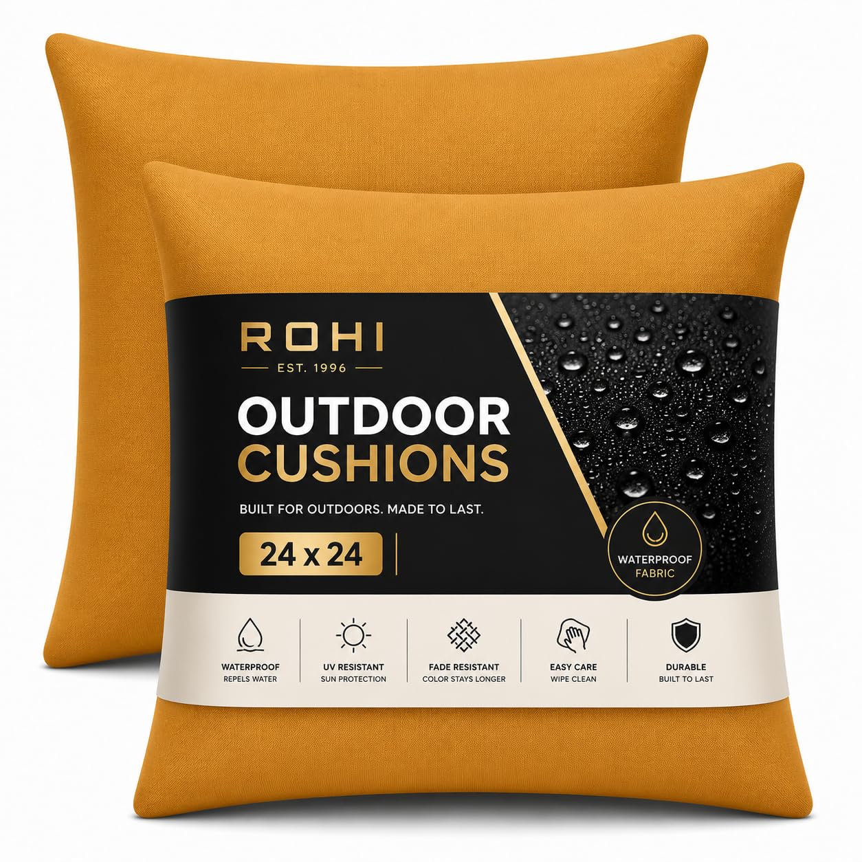 Rohi Waterproof Outdoor Cushions 2 Pack Filled – Decorative Waterproof Cushions for Garden, Patio, Couch, Tent, Balcony and Sofa (Yellow, 24" x 24")