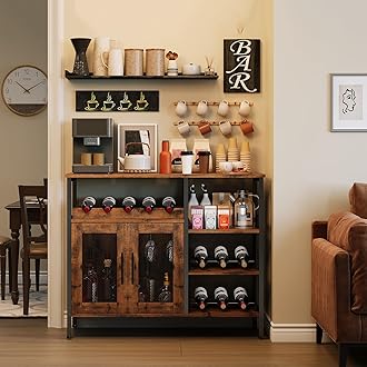 X-cosrack Wine Bar Rack Cabinet with Detachable Wine Rack, Coffee Bar Cabinet with Glass Holder, Small Sideboard and Buffet Cabinet with Mesh Door, Rustic Brown, Large