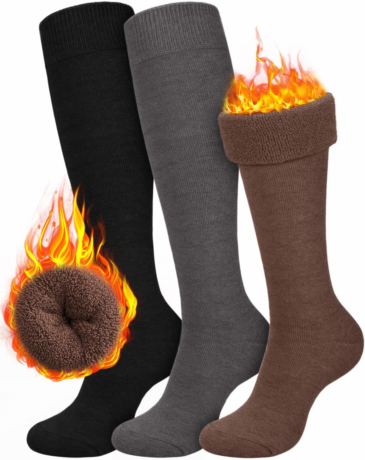 CTHH 3 Pairs Warm Knee High Socks for Women - Thick Cotton Thermal Boot Socks for Hiking, Running, Work, Gifts, Winter