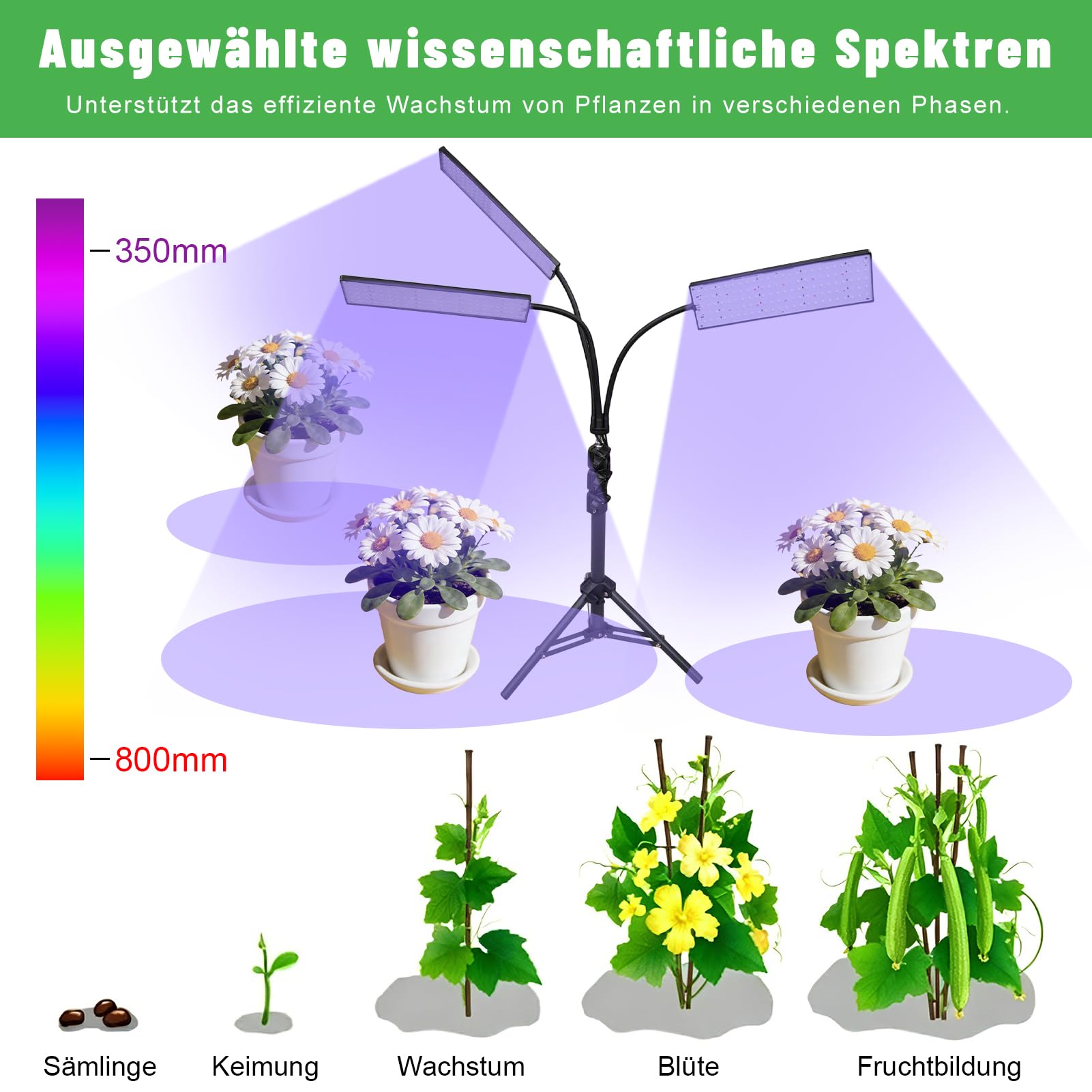 3 Teste Lampada Per Piante,360LEDs 26W Spettro Completo Con Treppiede