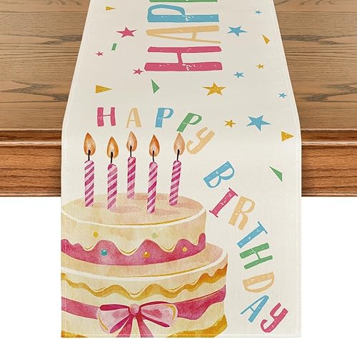 Artoid Mode Camino de mesa de feliz cumpleaños, lazo de vela, decoración de mesa de comedor para decoración de fiesta del hogar, 13 x 36 pulgadas