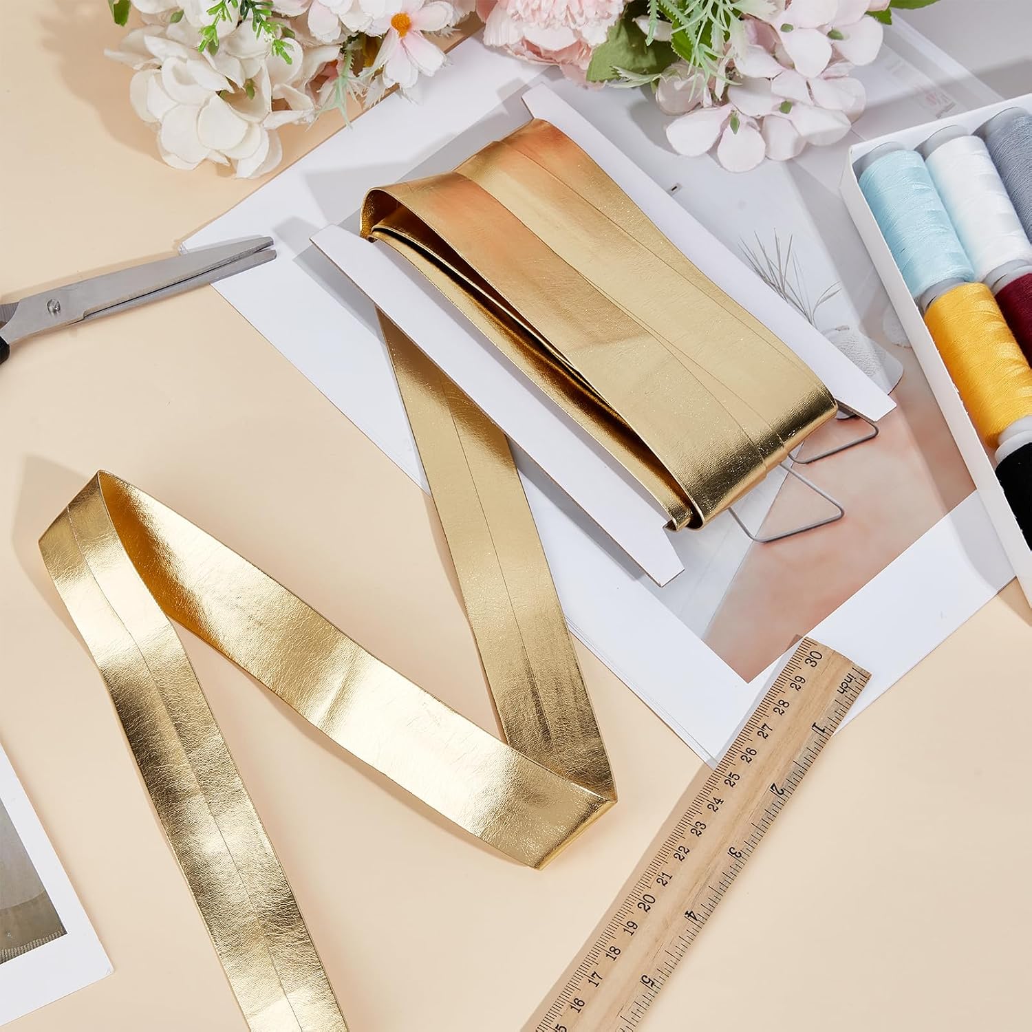 5 Yards 1.18 Inch Leather Foldover Bias Tape, Gold Metallic Leather Strips Flat Belt Cord, Embellishments for DIY Sewing Seaming Hemming Crafts Jewelry Making