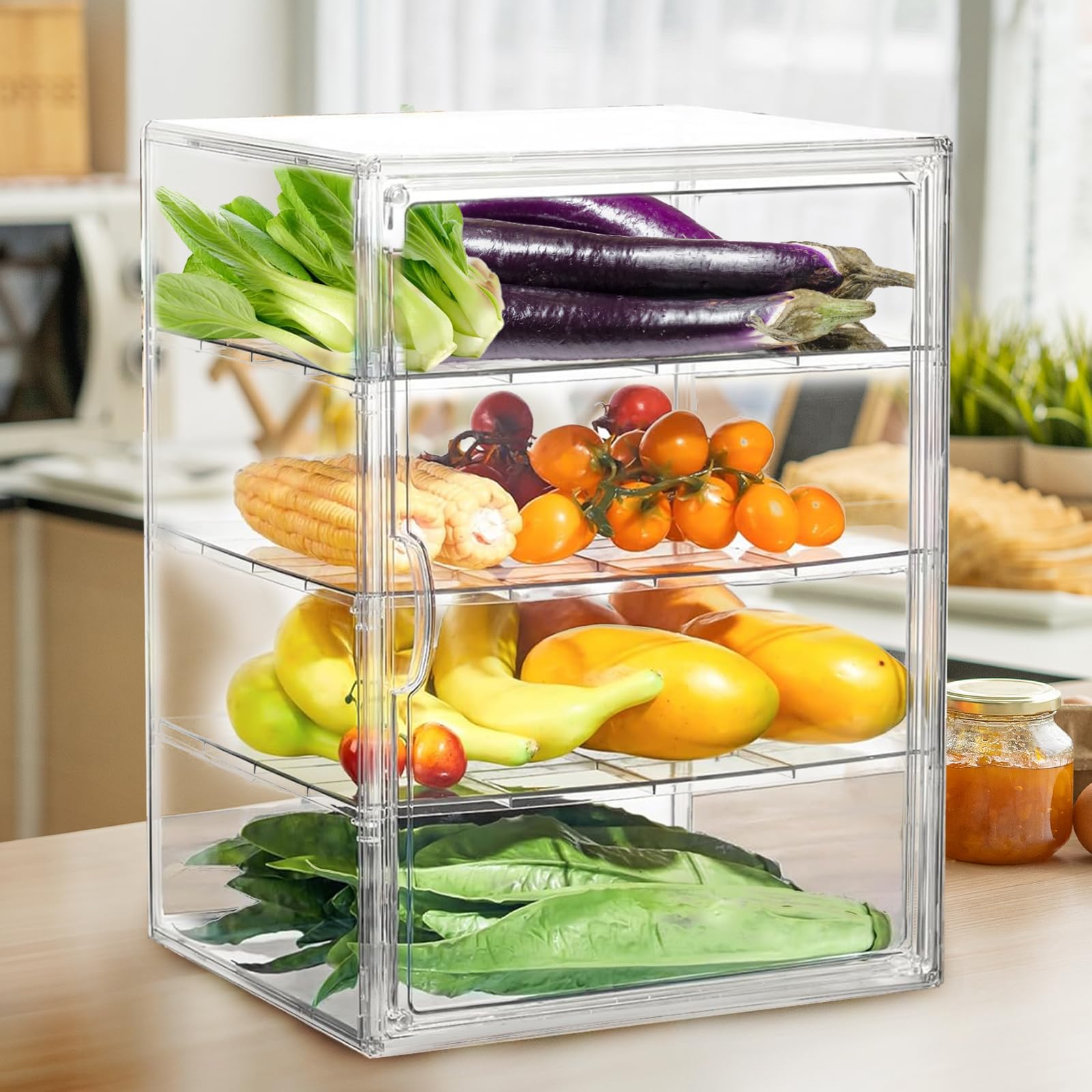 Vitrina de repostería ajustable de 4 capas para encimera de cocina, contenedor grande transparente de almacenamiento de pan con puerta magnética, vitrina de pastelería de 15.6 x 11.5 x 9.9 pulgadas