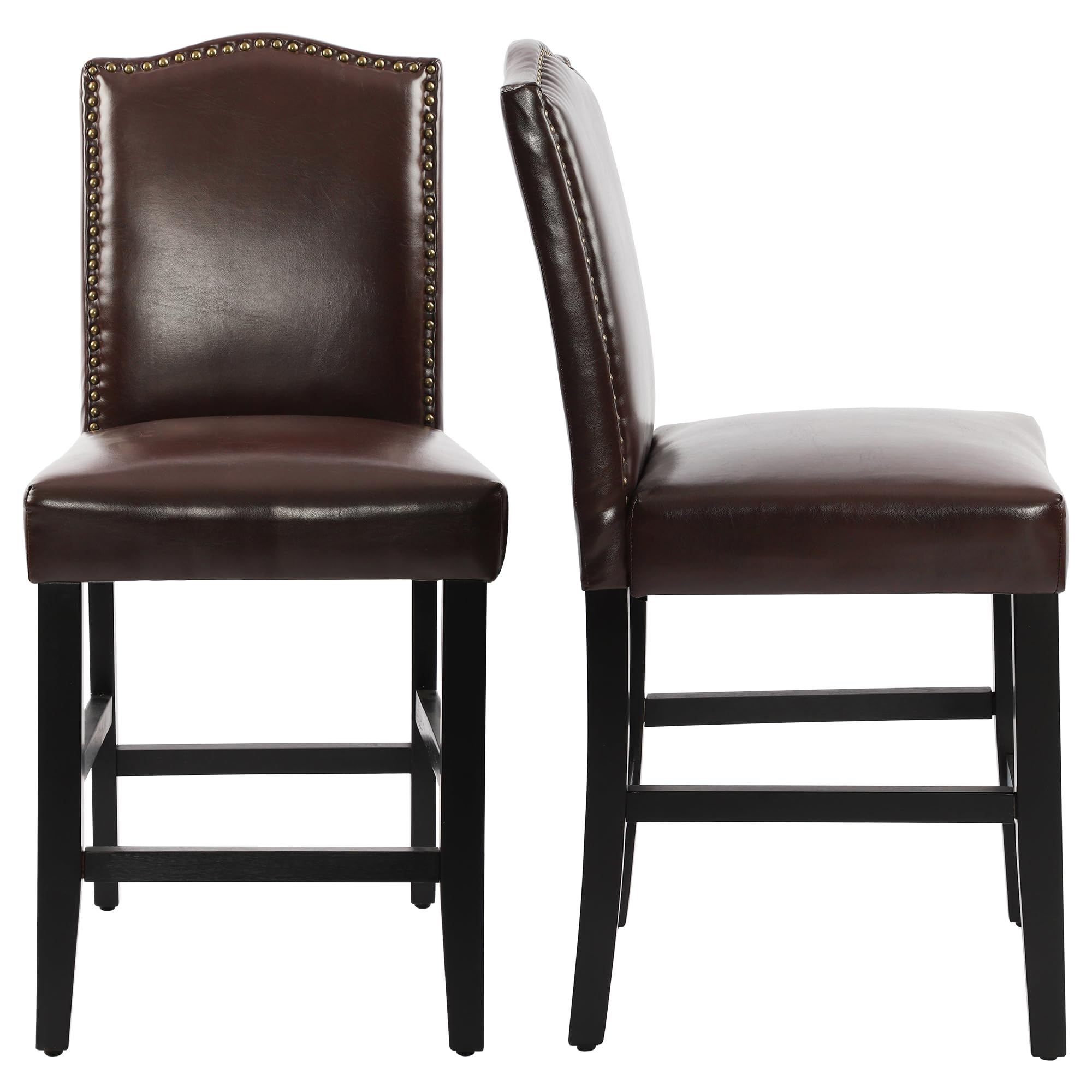 LSSPAID Bar Stools Set of 2, 23.5 Inch Upholstered Pu Counter Height Barstools Kitchen Island Chair with Bronze Nail Backrest and Solid Wood Legs, Bar Stool Bar Chairs for Kitchen Pub Home Cafe, Brown