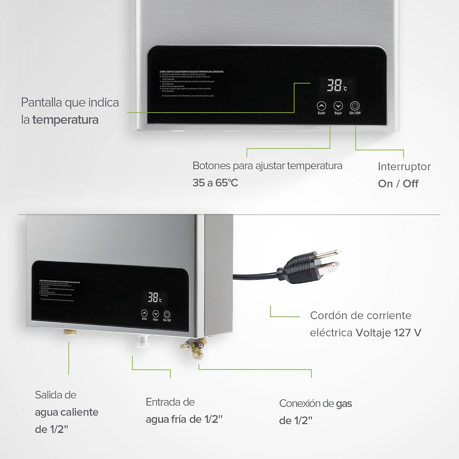 Close-up of the AVERA CM10 digital panel showing the temperature display, temperature adjustment buttons (35 to 65°C), and the On/Off switch. Also shows the electrical cord, hot water outlet, cold water inlet, and gas connection.