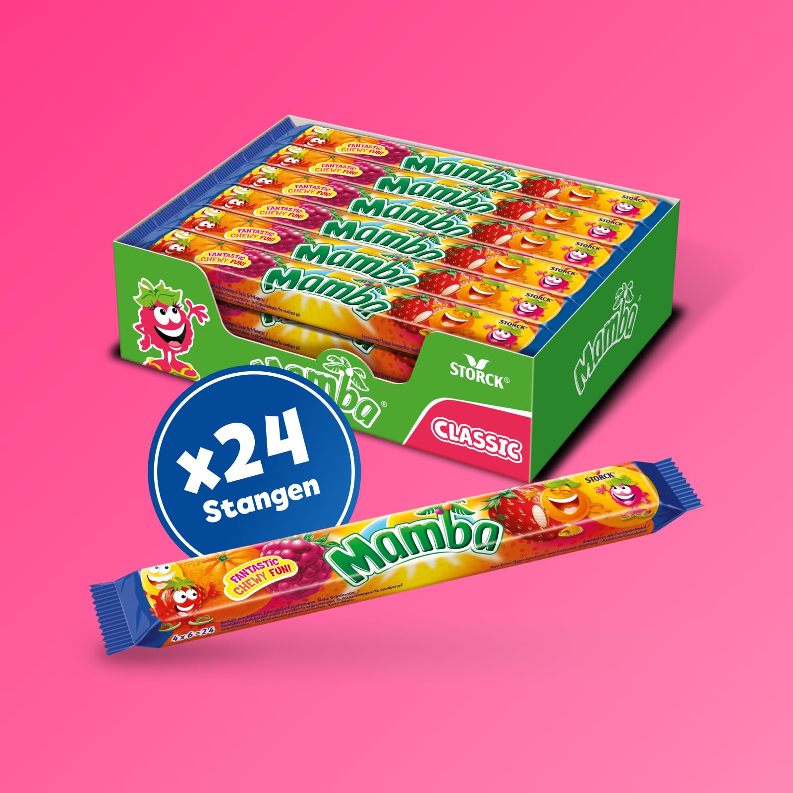 Mamba – 24 x 106g (4er Stange) – Leckere Kaubonbons mit Fruchtgeschmack in vier verschiedenen Sorten – Süßigkeiten Mix