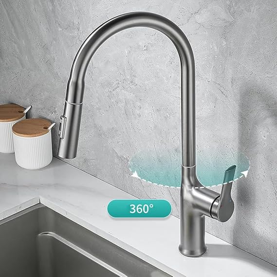 Kitchen Faucet with Pull Down Sprayer,2 Spouts Pull Out Kitchen Sink Faucet,360 Degree Swivel Spout Water Faucet in Brass,Single Handle One Hole Kitchen Faucet-Chrome