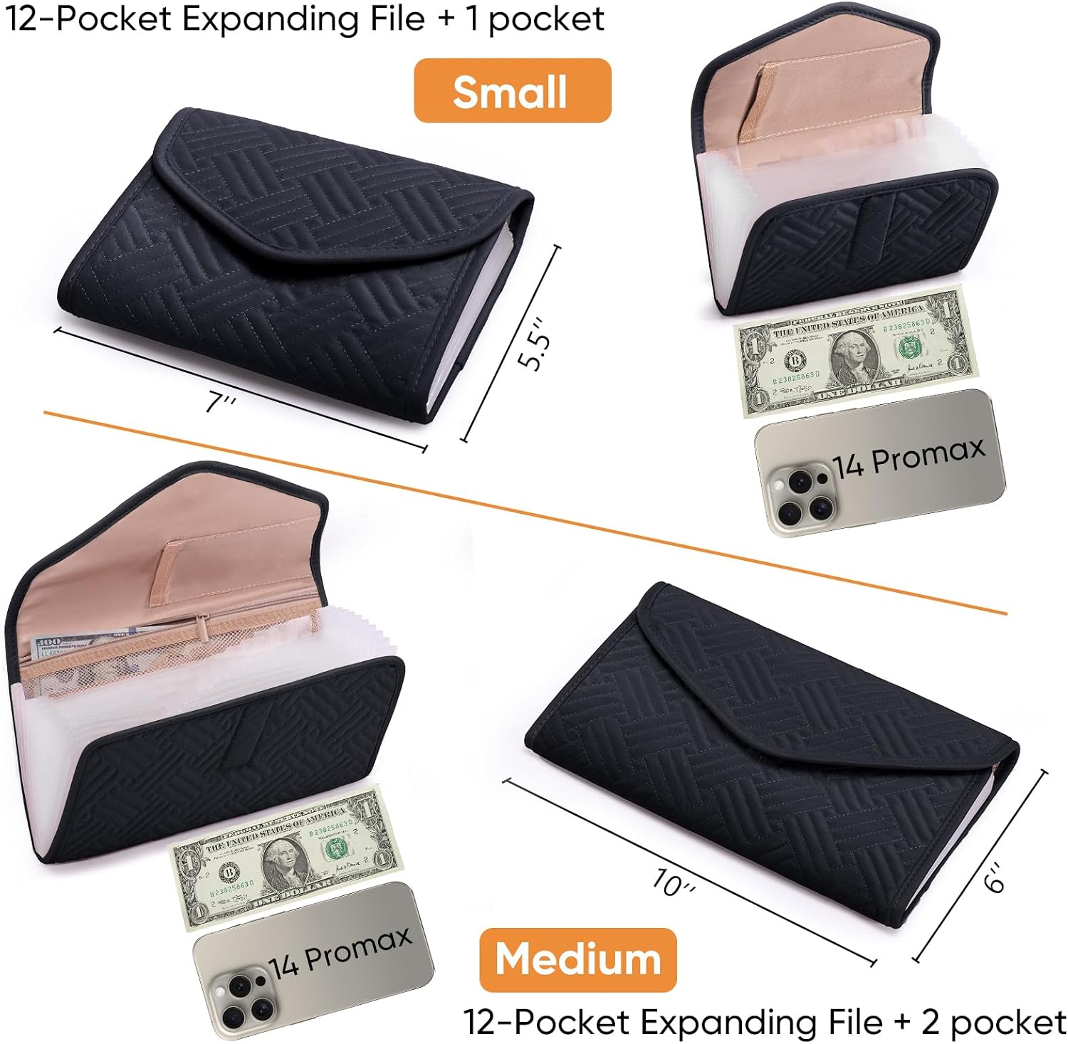 Fabric Bill Organizer with Pockets 10x6 Receipt Organizer for Business - Receipt Holder Organizer - Cash Organizer -Coupon Holder - Money Organizer for Cash- Small Accordion File Organizer