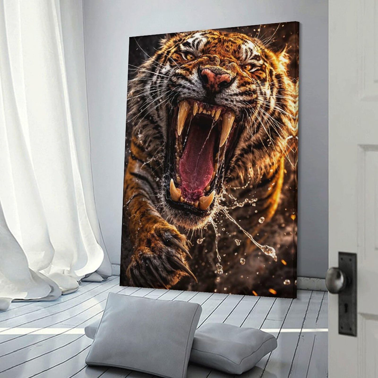 Junmoney Fierce Tiger Roaring with Water Splashing Canvas Wall Art 24x36inch(60x90cm), for Study, Office Or Focused Interiors, Home Office Artwork with Decorative Appeal