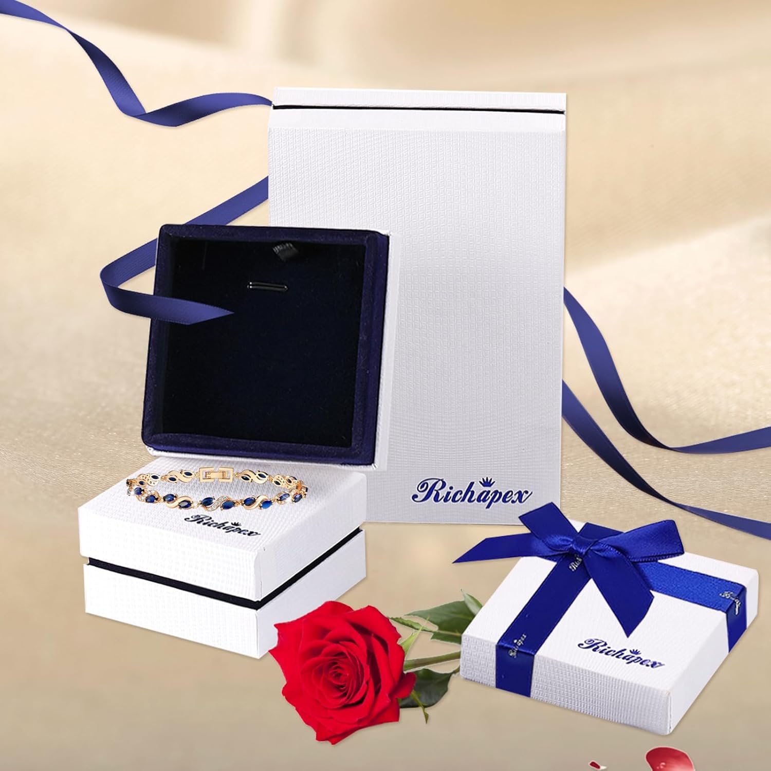 Richapex Diamond Tennis Bracelet for Women, Eternity Bracelet Blue Cubic Zirconia, Sapphire Bracelet, 18K Gold Plated Hypoallergenic Bracelets -7.48inch/190mm - Image 7