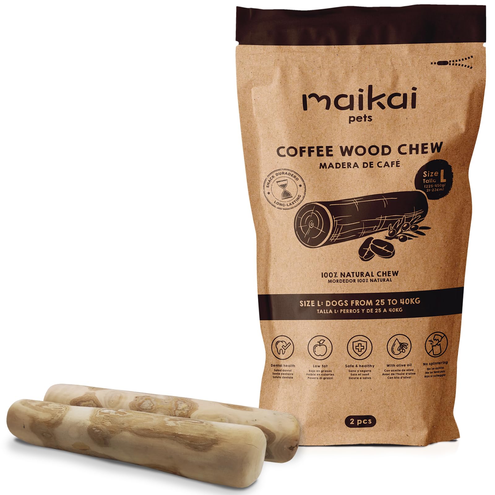 MAIKAI Palo de Madera Café - Mordedor Natural para Perros - Alternativa a Huesos - Ideal Razas Grandes 25-45 kg - Juguete Mordedor - Alivia la Ansiedad - Elimina Sarro (Talla L (Pack de 2))