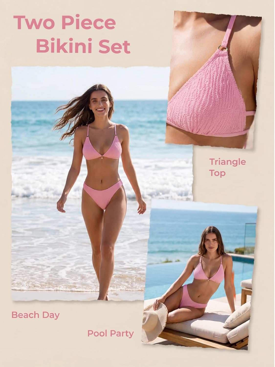 CUPSHE Women's Bikini Set V Neck Textured Two Piece Swimsuit | Crossback,Self Tie,Soft Removable Cups,Flattering Bathing Suit For Vacation And Beach