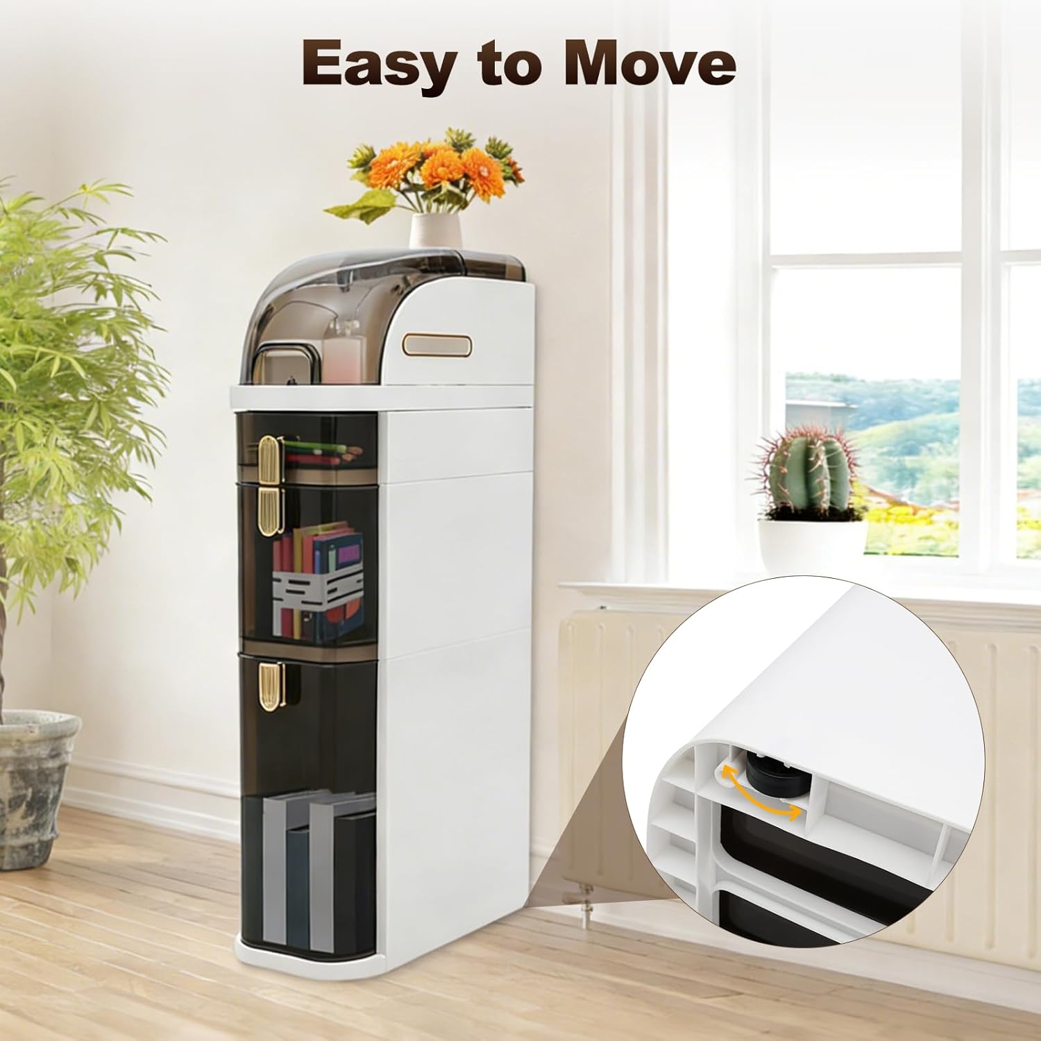 3 Drawers Bathroom Floor Organizer Cabinet,Free Standing Cabinet w/4 Removable Wheels,Narrow Slim Storage Rack for Small Spaces,Bathroom,Kitchen,Laundry