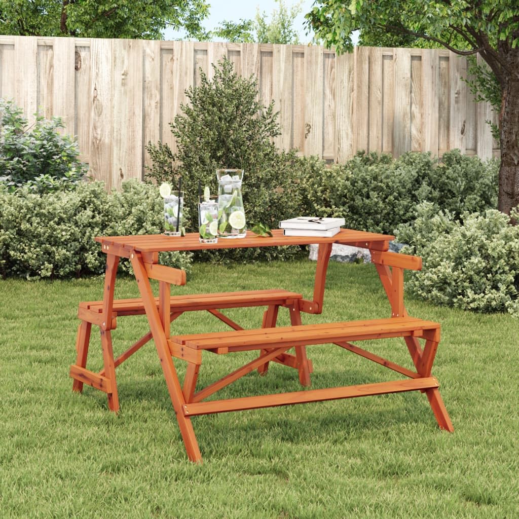 Gecheer Tavolo da Picnic con Panche in Legno Abete 2-in-1, Convertibile da Tavolo a Panca con Schienale, 110x133x72 cm, Legno Massello di Abete, per Cortile Giardino Esterno