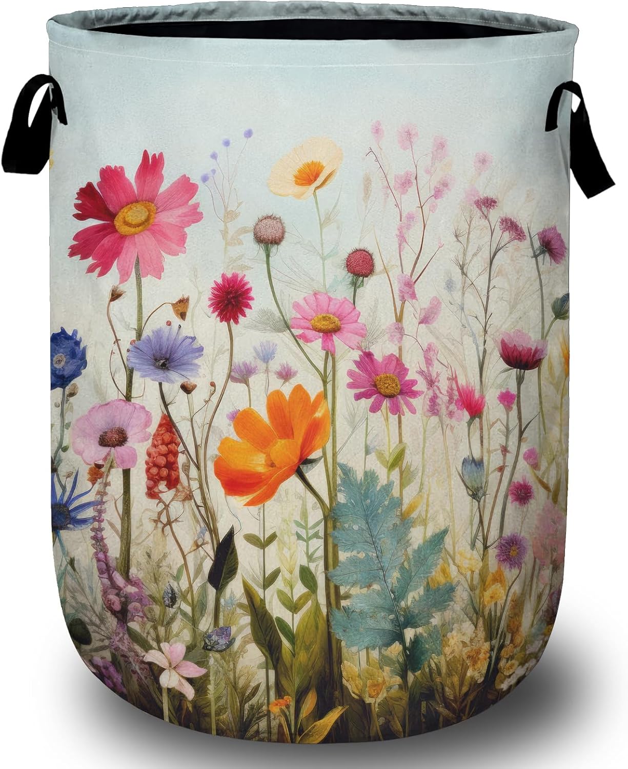 Colourful Blooming Wildflower Laundry Basket, Laundry Hamper Collapsible Oxford Cloth with Handle Clothes Toy Storage Bin for Bathroom Laundry Room Bedroom 15.7 X 20 Inch
